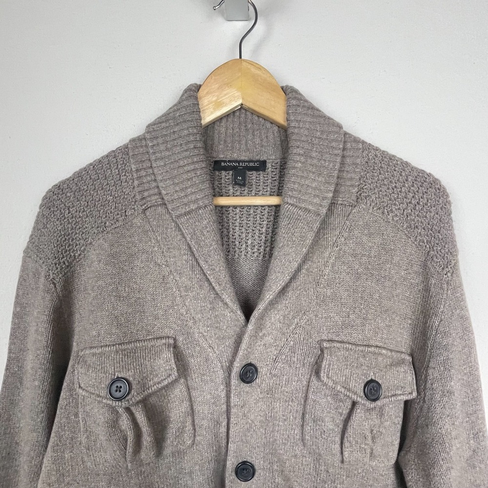 Banana Republic Men's Cardigan L Taupe Grandpa Sweater Patch Pockets - Picture 2 of 7